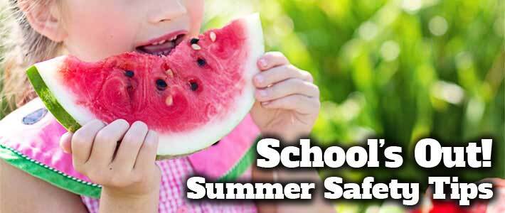 School's Out! Summer Safety Tips. A little girl eats a slice watermelon.